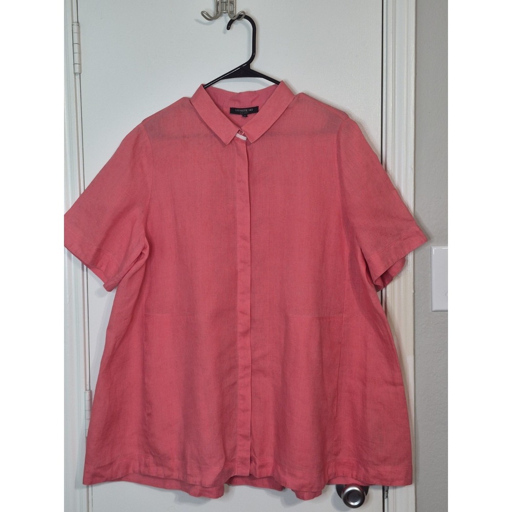 Lafayette 148 Linen Lagenlook Button-Up Shirt 1X Coral Coastal Pockets Resort‎